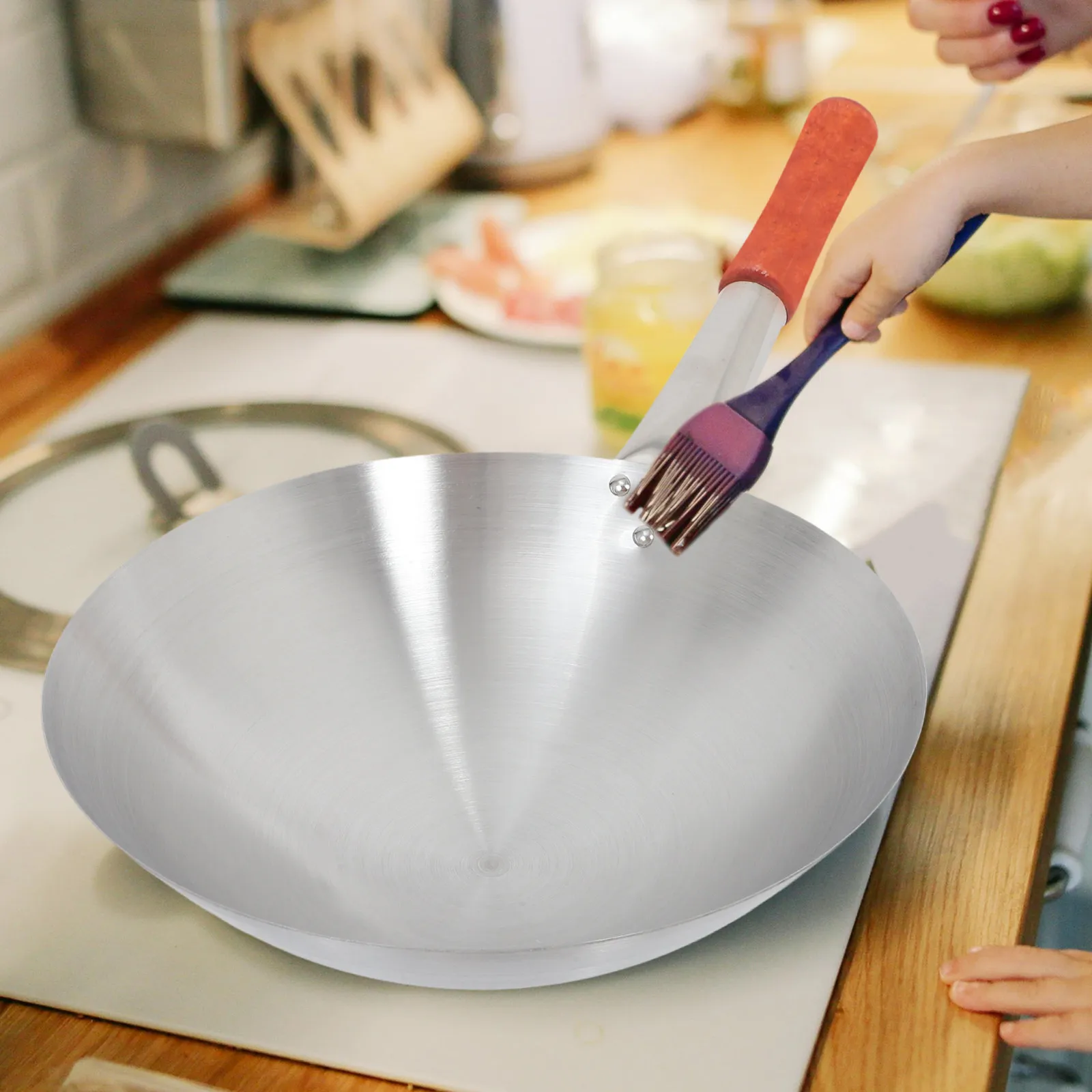 

Wok Stainless Steel Fry Pan Kitchen Heavy Duty Flat Bottom Cooking Pot Large Silver