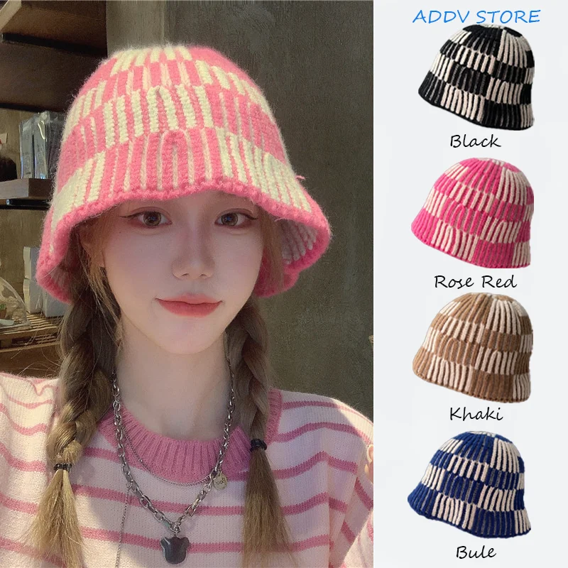 Pink Plaid Knitting Wool Cap Round Top Spell Colour Knitting Fisherman's Cap Female Winter Warm Basin Cap