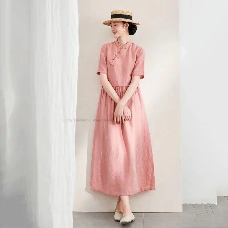 

Chinese Style women's Retro Buckle Cotton Linen Short Sleeved Dress Loose And Thin Linen Oriental Style a-line Cheongsam Dress