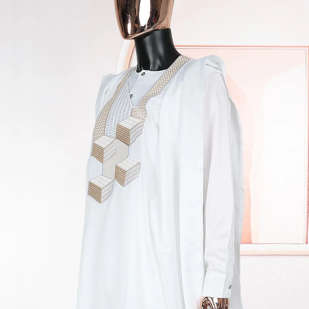 H & d-男性のためのアフリカの服、白い伝統的な結婚披露宴の服、ローブの刺繍シャツとパンツセット、ダシキ、agbadaラマダン、3個