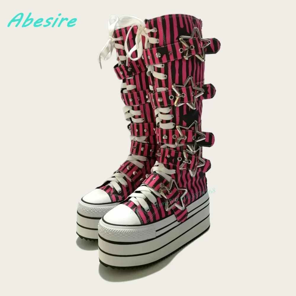 Round Toe Platform Red and Black Stripe Women's Boots Star-Shaped Belt Buckle Knee High Boots Cute Lace Up Tank Sole Shoes 2026 view 3