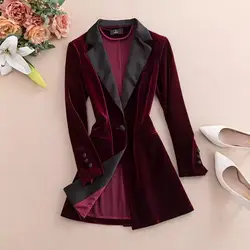 Spring Autumn Coat High End Long Sleeved Golden Velvet Suit Jacket Women's Mid Length Large Size Slim Professional Blazer Z4603