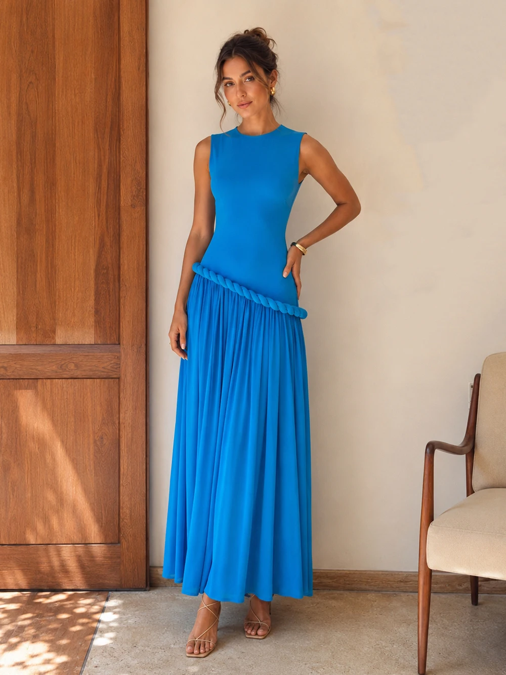 Modphy 2026 New Fashion Dresses For Women Plunging O Neck Splicing twisted rope Long Sleeves Wedding Party Dress Blue Gowns