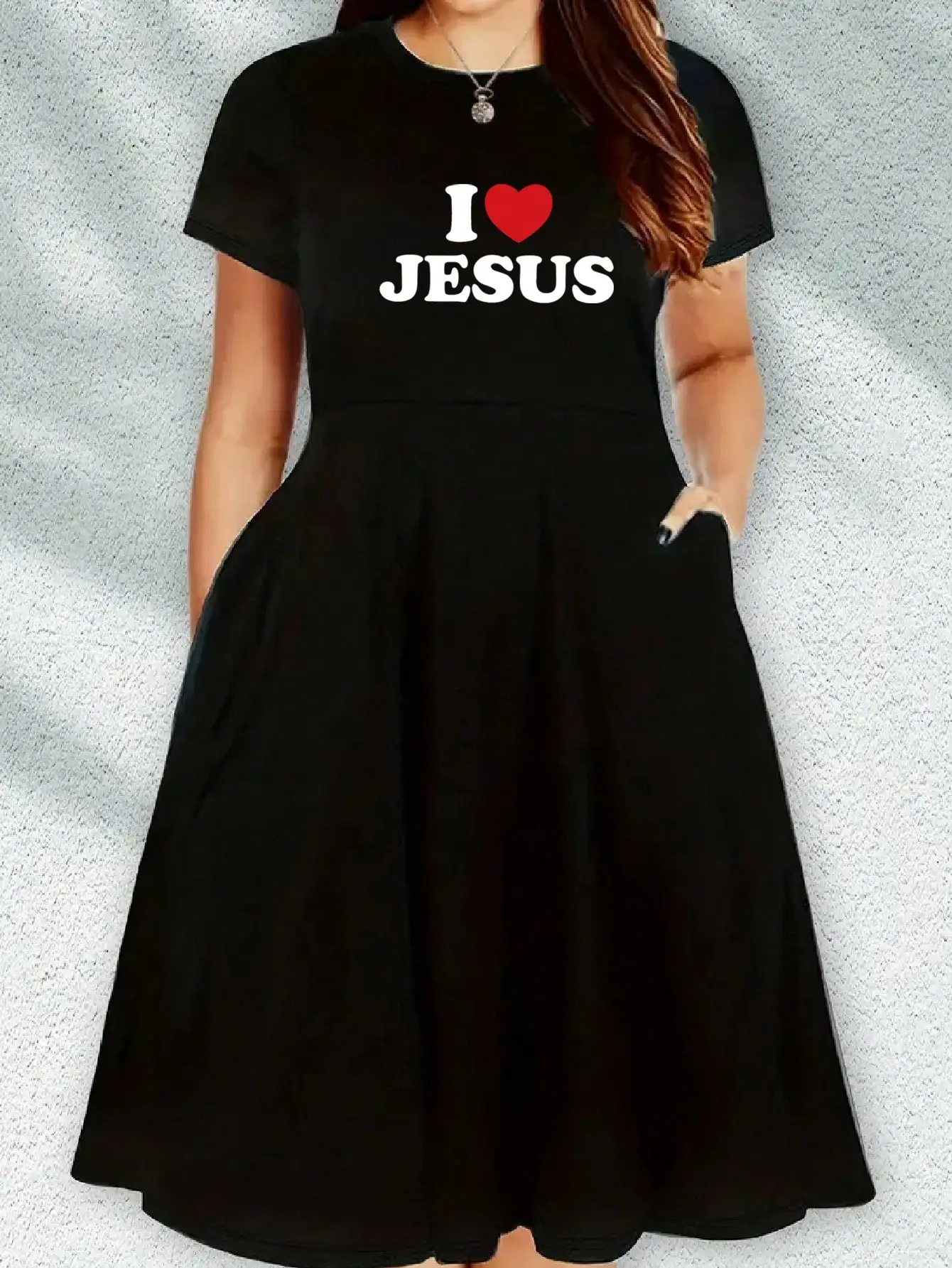 

Casual and versatile "I Love Jesus" printed black plus-size round-neck fashionable short-sleeved dress, suitable for daily trave