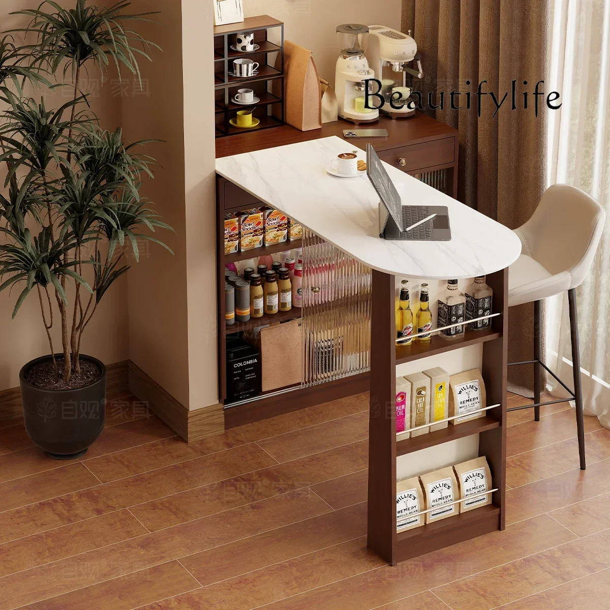

Bar retractable table living room rock slab island dining table side cabinet, integrated coffee table, small apartment medieval
