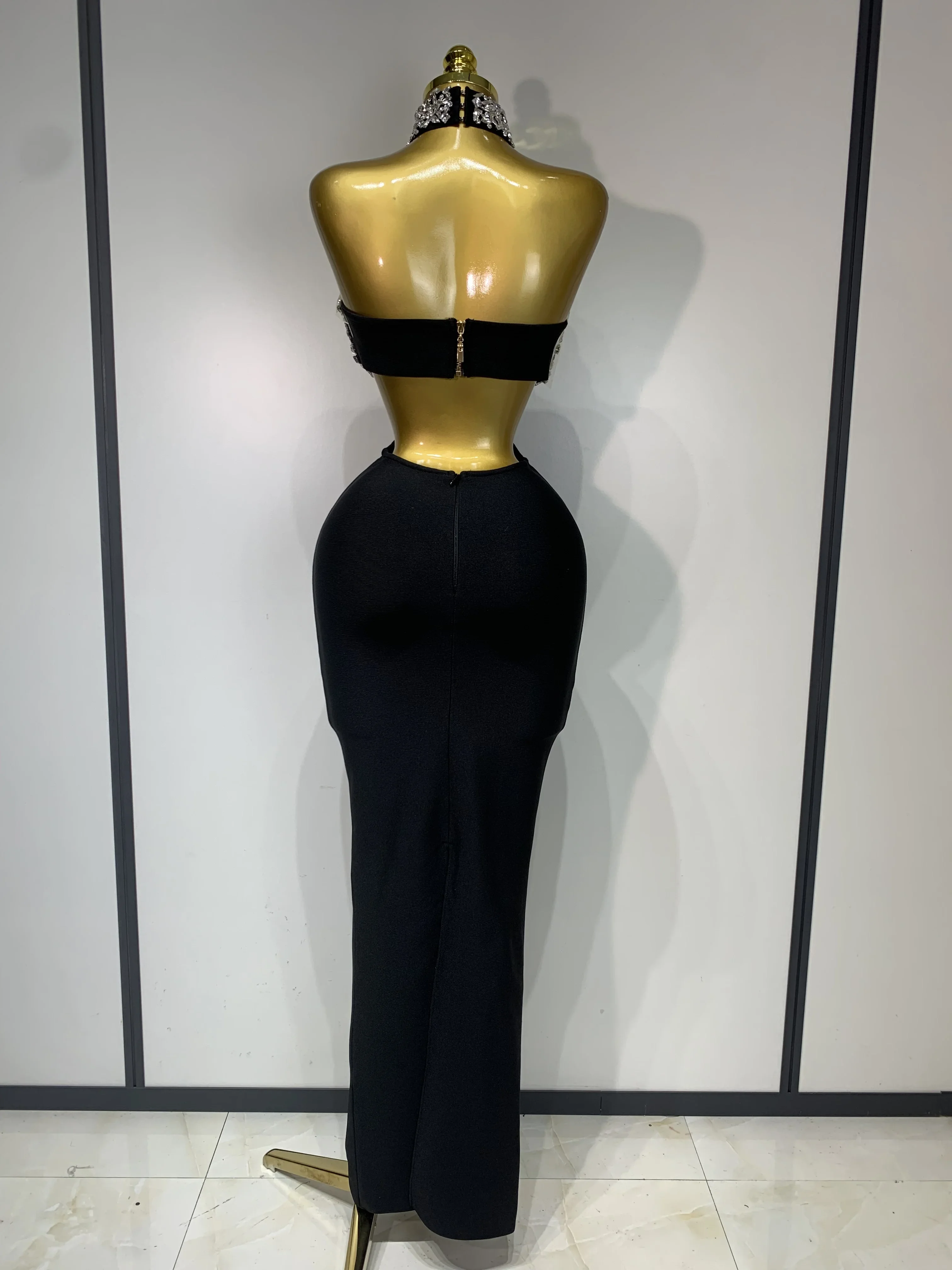 JDY Abito da donna sexy personalizzato con apertura sul retro scintillante con diamanti in cristallo nero aderente con fasciatura Abito da sera elegante per celebrità