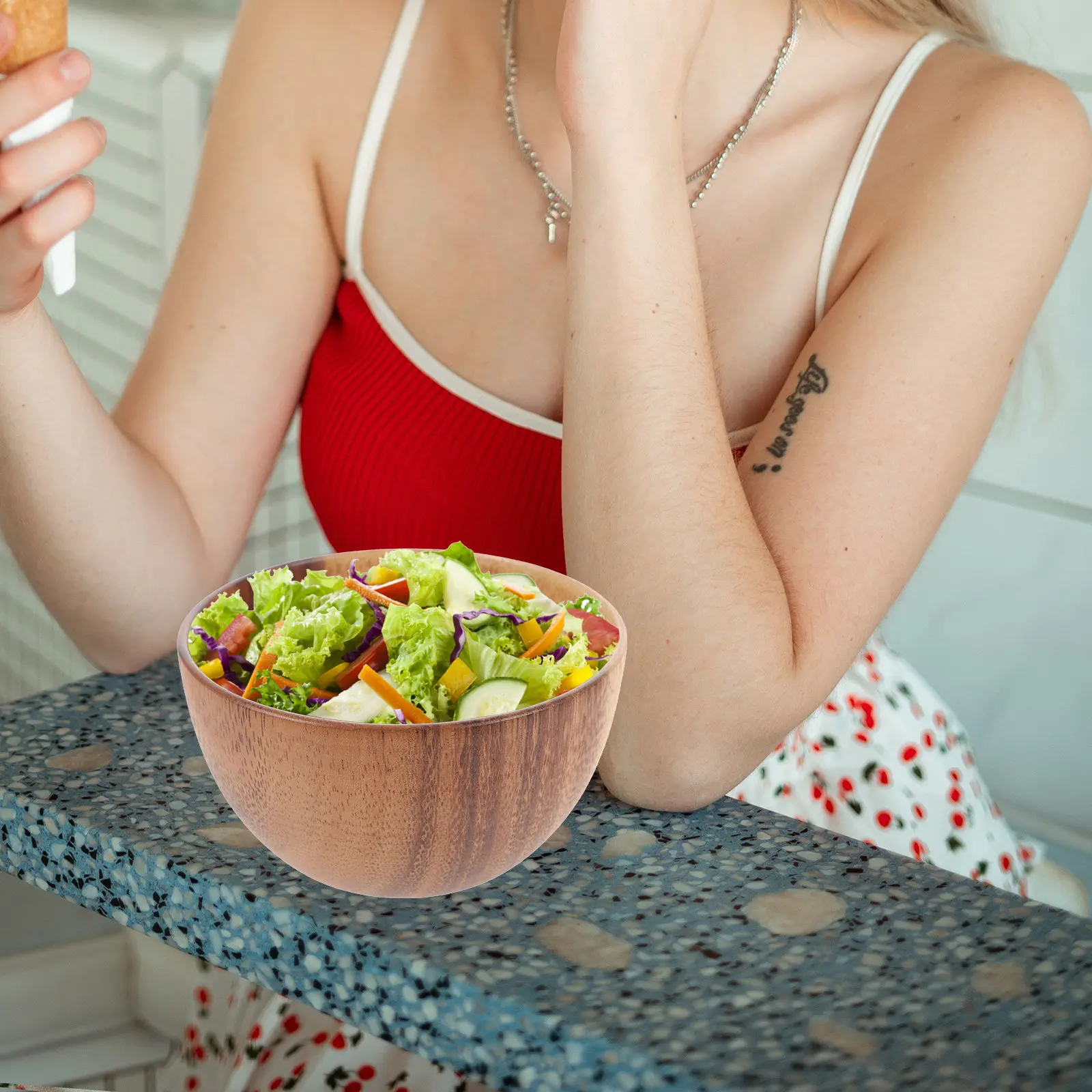Vintage Wooden Salad Bowl Large Round Smooth Surface Natural Grain Unique Design for Serving Salads Fruits Noodles Rice Pasta