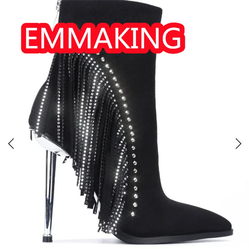 أسود الراين شرابات إسفين الشتاء حذاء من الجلد النساء أشار تو موضة المدرج أحذية السيدات الحفلات عالية الكعب حجم 44