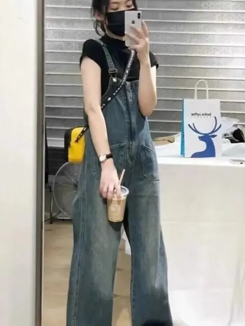 Slimming Vintage American Denim Overalls Women plus Size Spring Autumn New Style Fashionable One-Piece Pants for Plump Sister
