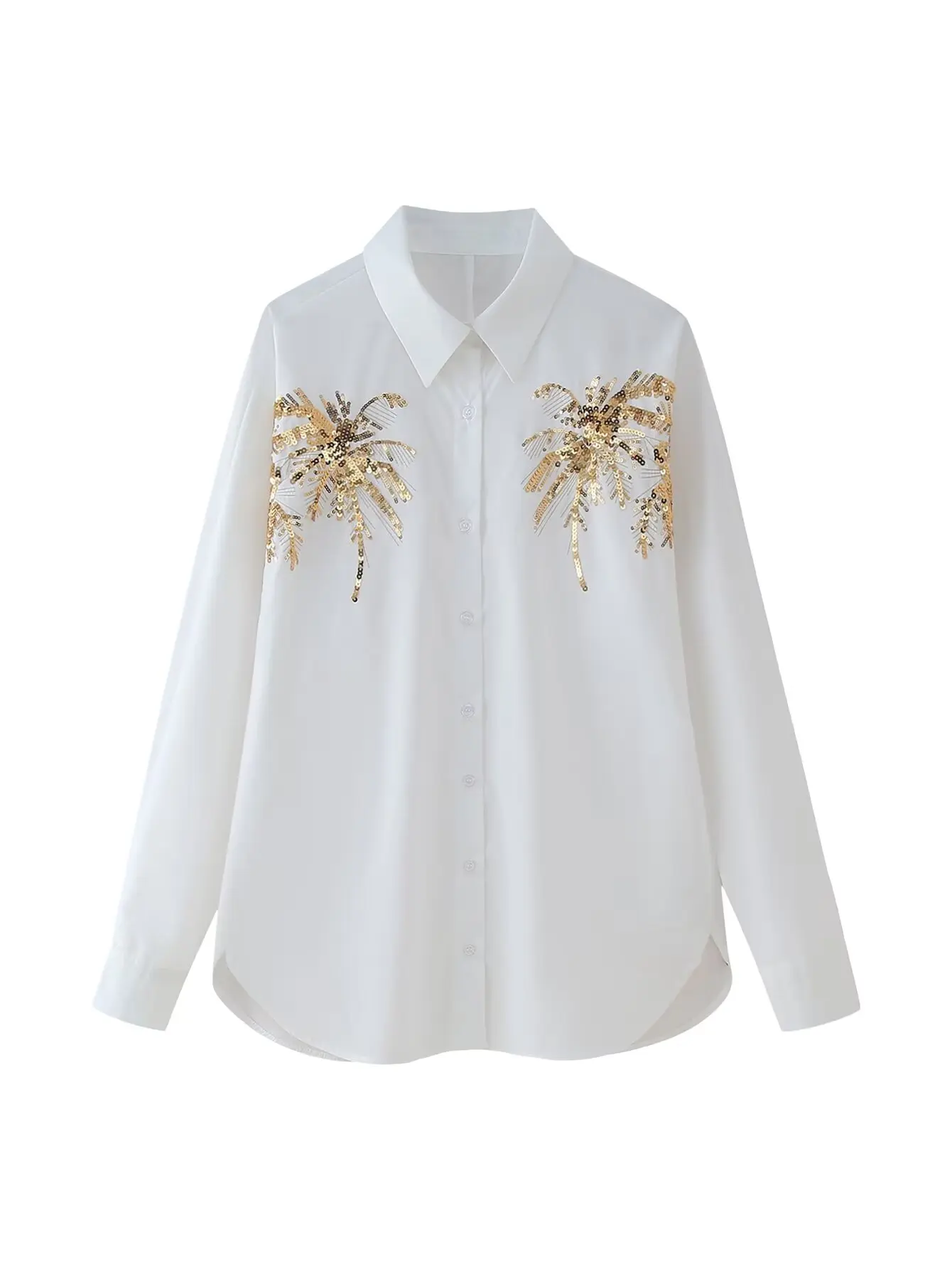 

HH TRAF Women's Summer Vintage Sequin Embroidered Turn-Down Collar Shirts Female New Long Sleeves Single-Breasted Casual Blouses