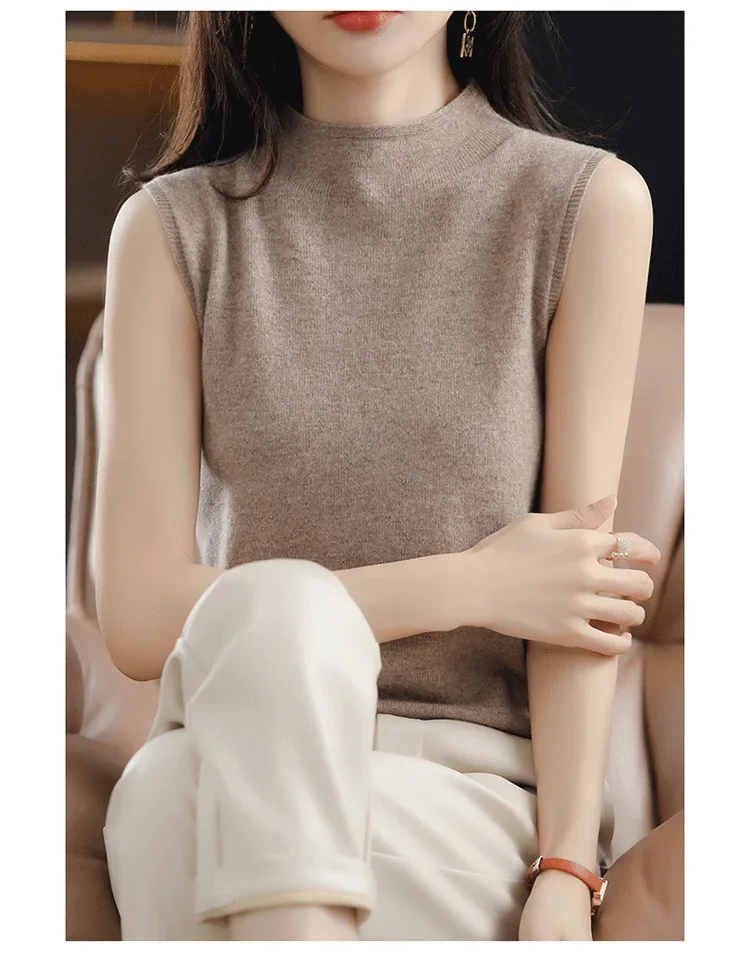 Half-turtleneck Sleeveless Vest Women\'s Cashmere Sweater Knitted Wool Vest Sleeveless Women Vest Bottom Knit Shirt