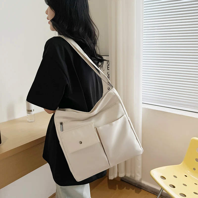 Large Size Canvas Shoulder Strap Bags Women Casual Solid Color University Tote Bag Female Multi Pocket College Handbags 2024