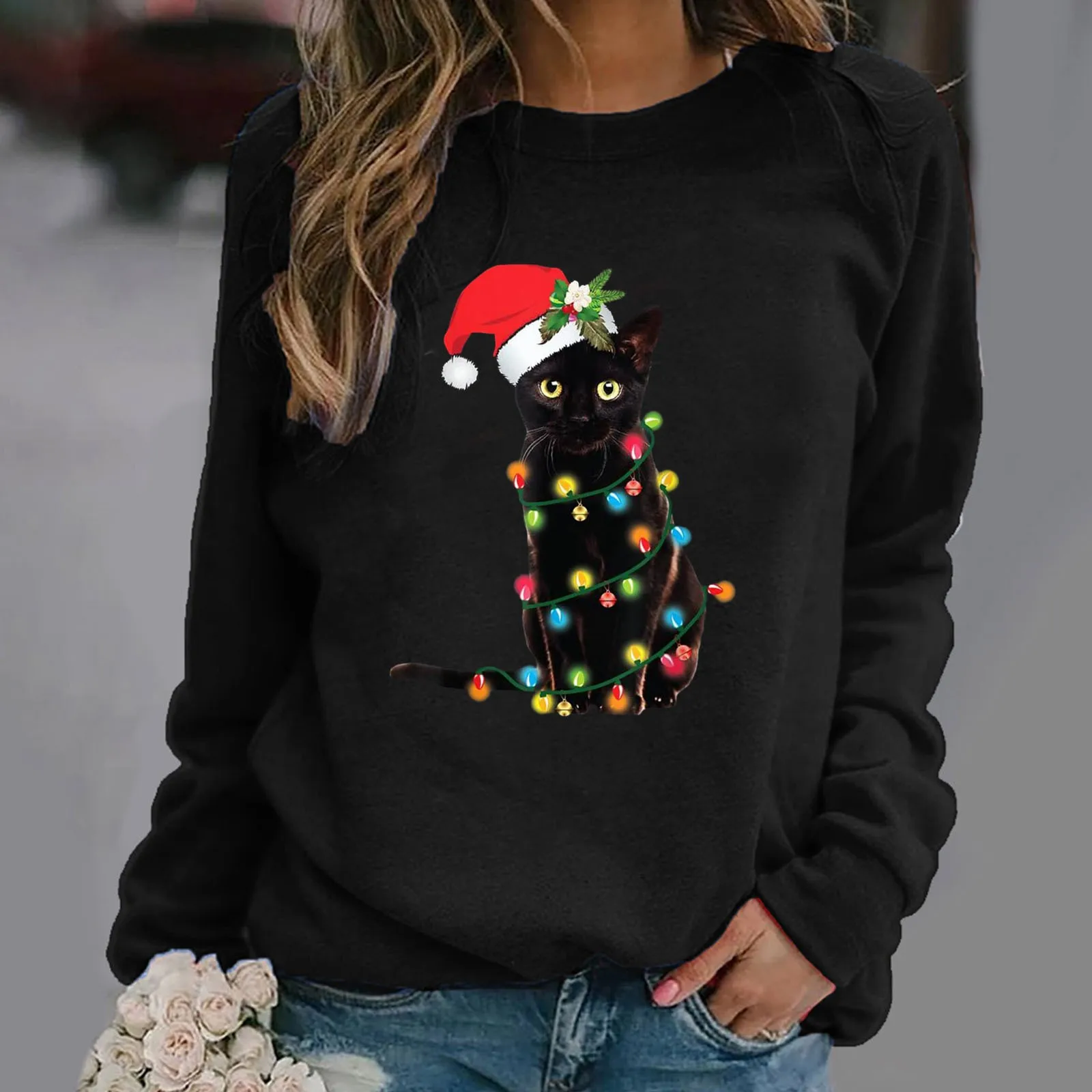 Christmas Printing Hoodies Womens Long-Sleeved Pullover Top Blouse Ugly Cat Print Overcoats Korean New Year Sweatshirts Female