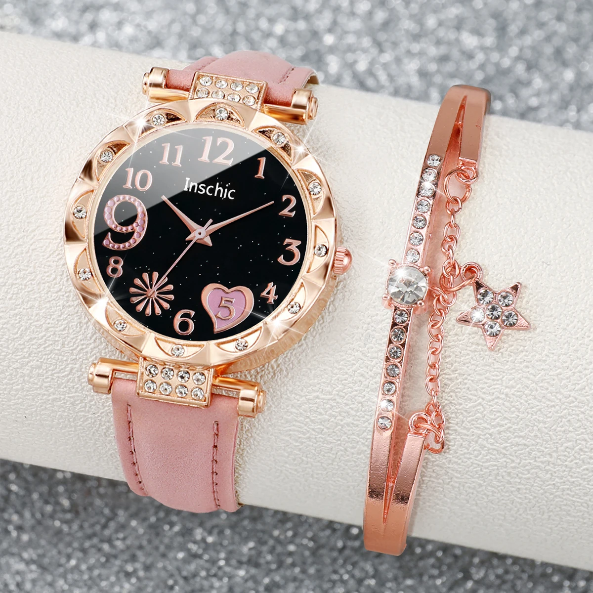 2PCS/Set Fashion Rhinestone Heart Dial Women Watches Leather Band Analog Quartz Watch Star Bracelet Bangle Set(Without Box)