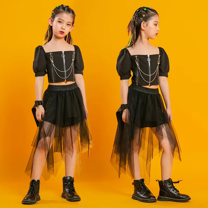 Traje de dança punk hip hop feminino, pescoço quadrado, manga puff, camiseta de colheita, saia de malha plissada, calças para criança, jazz dance, teen stage wear