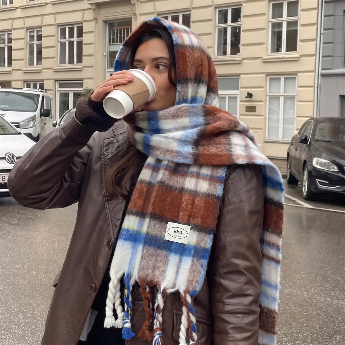 Fall Winter Women Plaid Scarf Thick Soft Faux Cashmere Shawl Braided Tassel Fringe Versatile Neck Wrap for Daily Street Outfit