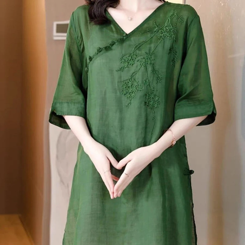 Fashion V-Neck Button Vintage Embroidery Blouses Women's Clothing 2024 Summer New Loose All-match Tops Office Lady Shirts