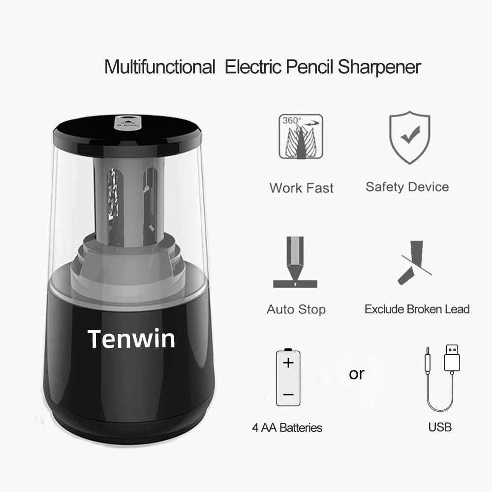 Tenwin Stationery Automatic Electric Pencil Sharpener USB Heavy Duty Mechanical with Container Battery for Kids Ten Win