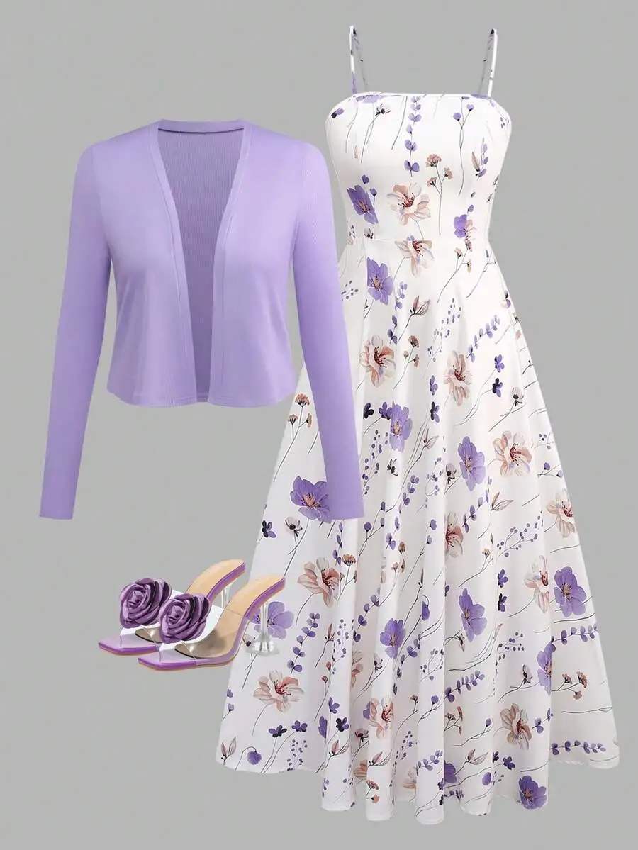 

Women's Floral Print Spaghetti Strap Dress with Lilac Knit Cardigan Set