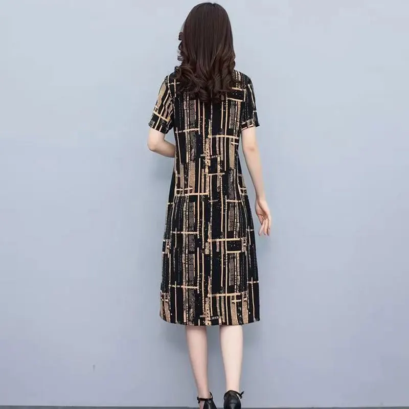 Vintage Fashion Printed Midi Dress Summer Casual Round Neck Female Clothing A-Line Waist Commute Short Sleeve Pockets Dresses