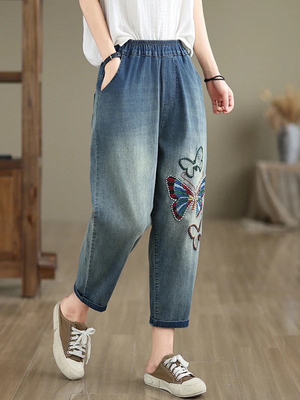 

Retro Embroidered Harlan Jeans for Women Summer Fashionable Vintage Small Audience High Waist Loose Fit Cotton Denim Jeans