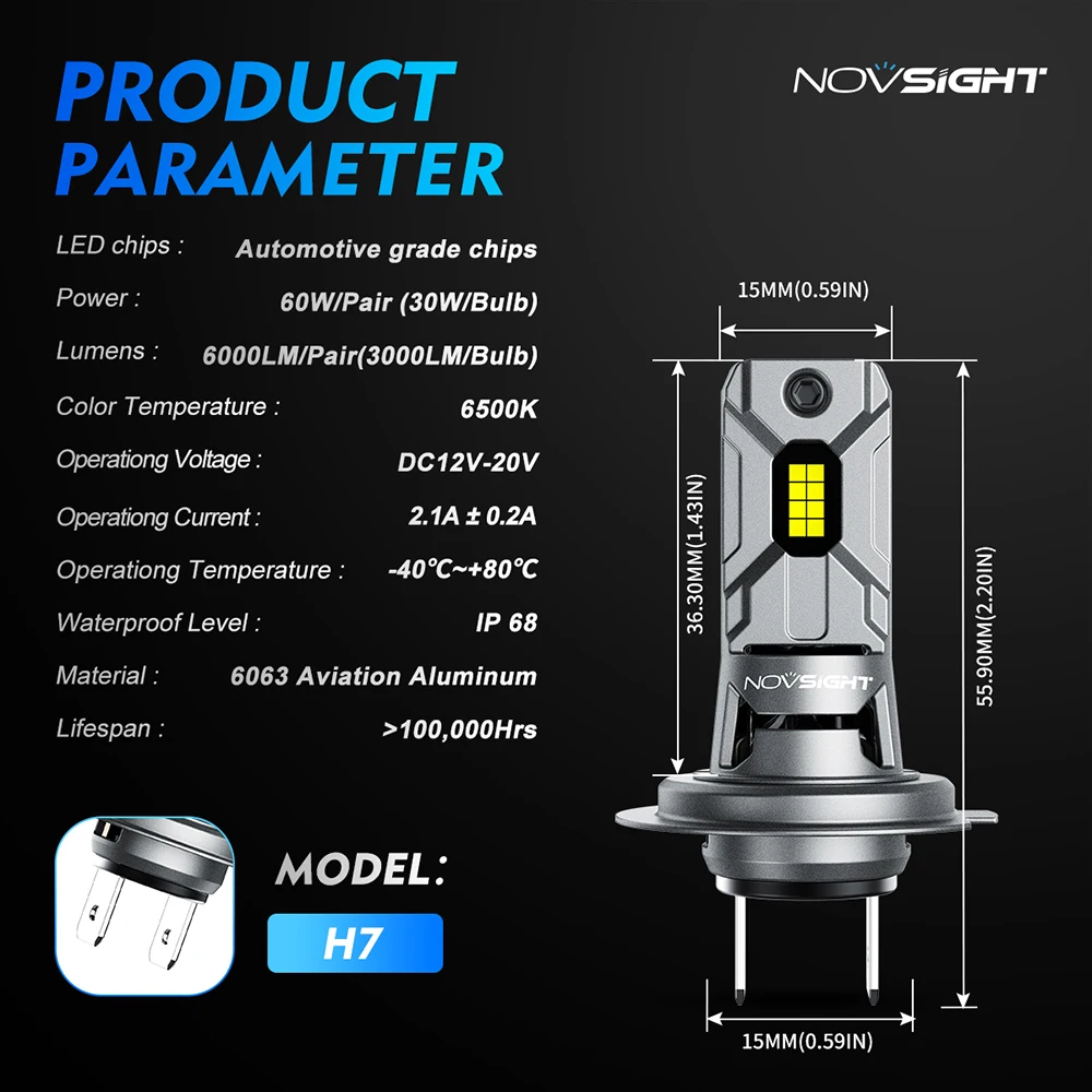 مصباح أمامي نوفسايت N64 H7 LED للسيارة 6500K 6000LM 60 واط 12 فولت LED أضواء علوية للسيارات مصابيح الضباب