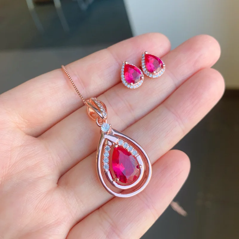 

Jewelry Rose Gold Jewelry Set Teardrop Ruby Necklace Pendant Blood Tourmaline Stud Earrings