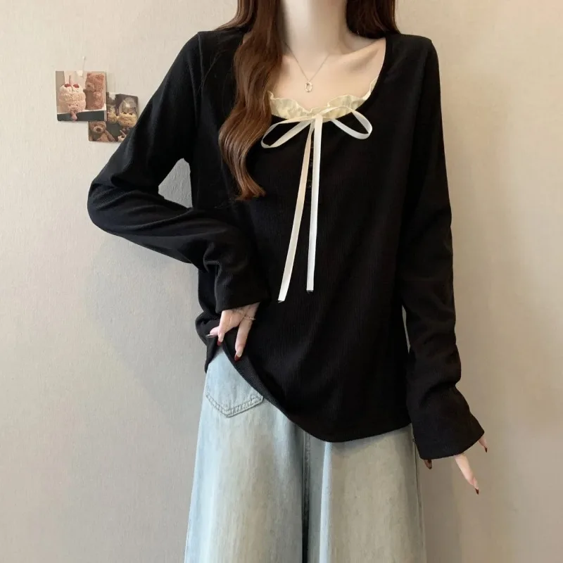 Bow Fake Two-piece Long-sleeved German Velvet T-shirt Women's Autumn Winter Shirt Top