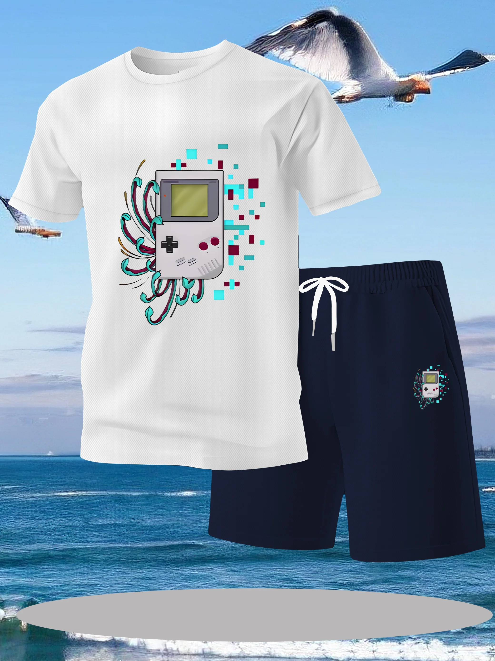 

New Men's Street Versatile Trendy Round Neck Short Sleeve T-shirt Set Breathable Shorts