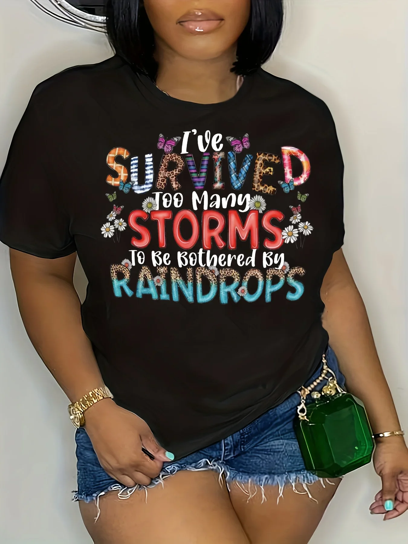 

Women's Plus Size Clothing Colorblock Letter Print T-Shirt Casual Short Sleeve Top for Spring & Summer