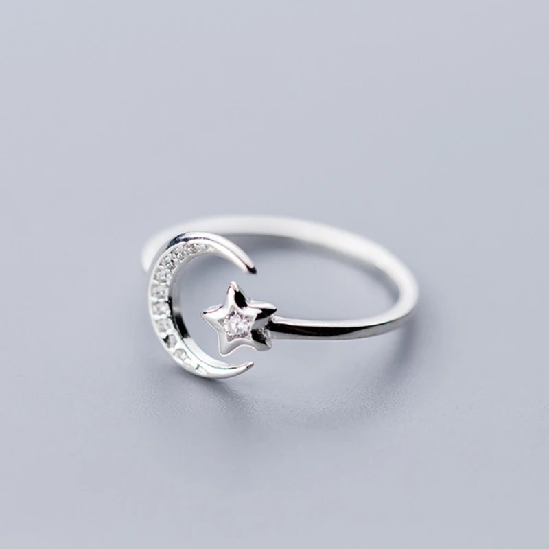 

Real 925 Sterling Silver Minimalist Zircon Moon Star Opening Ring For Charming Women Party Fine Jewelry Cute 2019 Gift