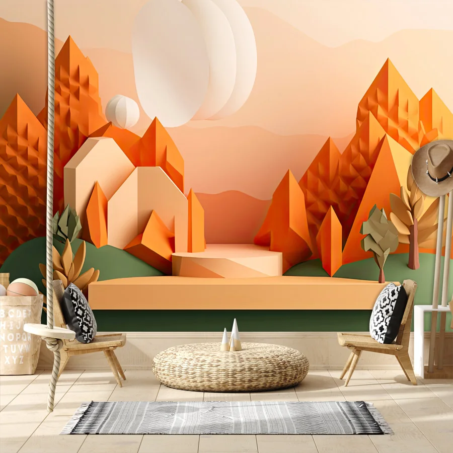 18+ Geometric Trees Nature Background Cosmetic Mural Walls Decor, Self Adhesive Optional, Wallpaper for Living Room Renovation