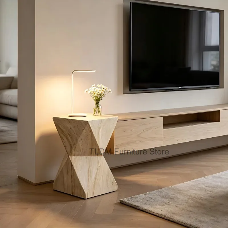Geometric Travertine Side Table, Sculptural Twist Accent End Table, Modern Stone Hourglass Table for Living Room & Lobby Decor