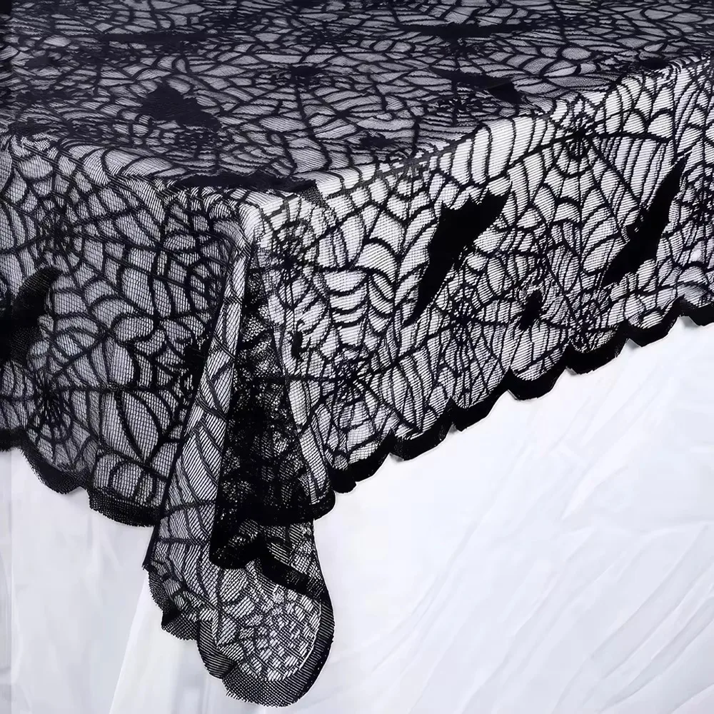 1 Piece Halloween Lace Tablecloth Bat Net Skull Pattern Rectangular Shape For Party Decoration Haunted House Pumpkin Design