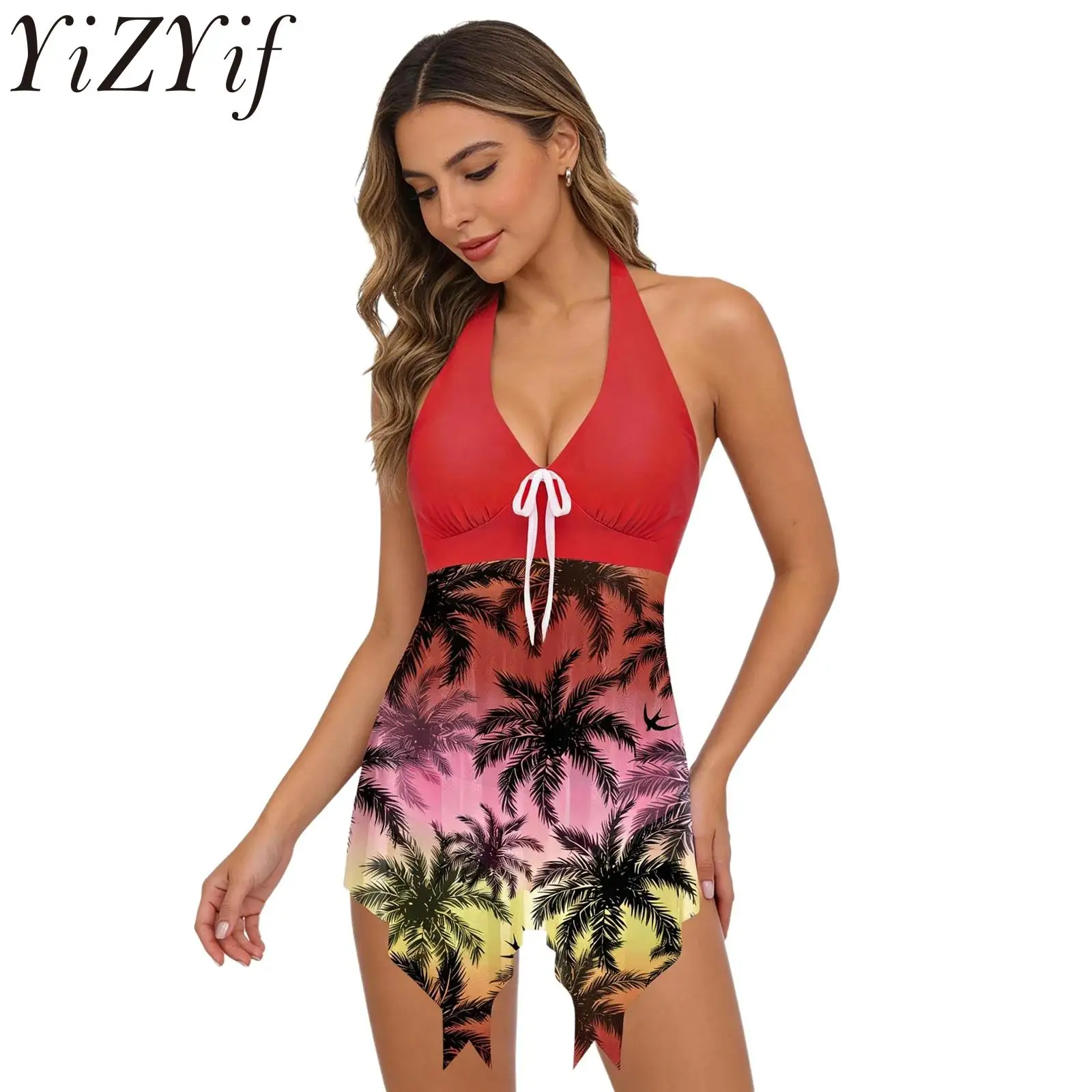 

Womens Two Piece Swimsuit Halter V Neck Padded Printed Swim Dress with Underwear Set for Summer Beach Vacation
