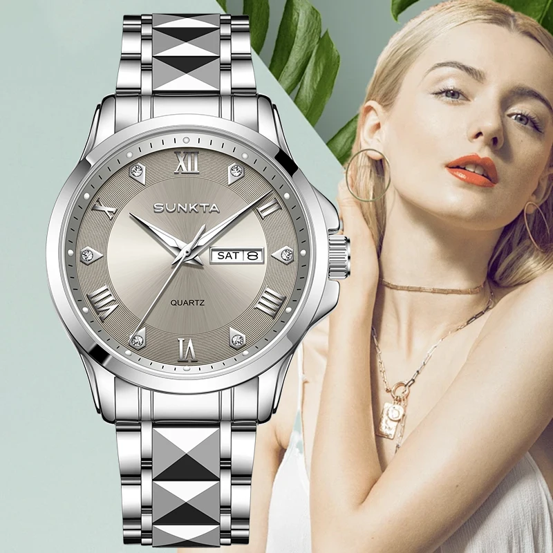 

Sunkta Elegant Fashion Woman Watch Steel Luxury Chronograph Diamond Dial Auto Date Week Waterproof Quartz Women's Wristwatch New