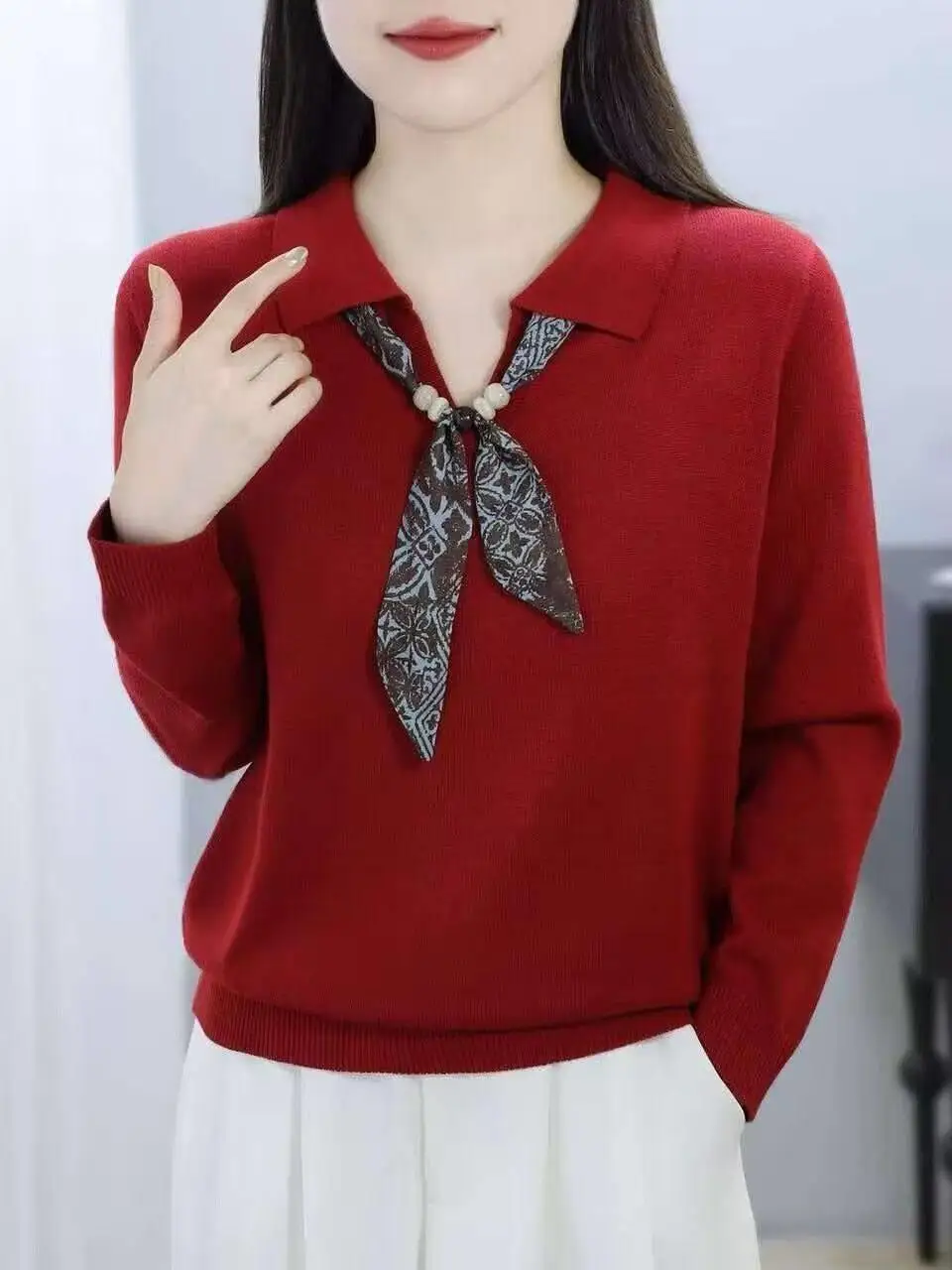 Red Lucky Year Knitted Sweater Women's Fashion Pearl Silk Scarf Tied  Collar Sweater Lightweight Soft Polyester Long Sleeve