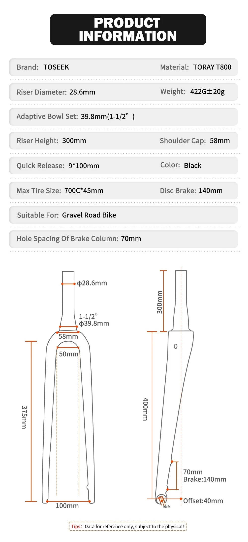 TOSEEK Gravel-Gabel 700C*45C T800 Carbonfaser Fahrrad-Vordergabel Rennradgabel Konische Gabeln QR 9*100mm oder Steckachse 12*100mm – Detail 4