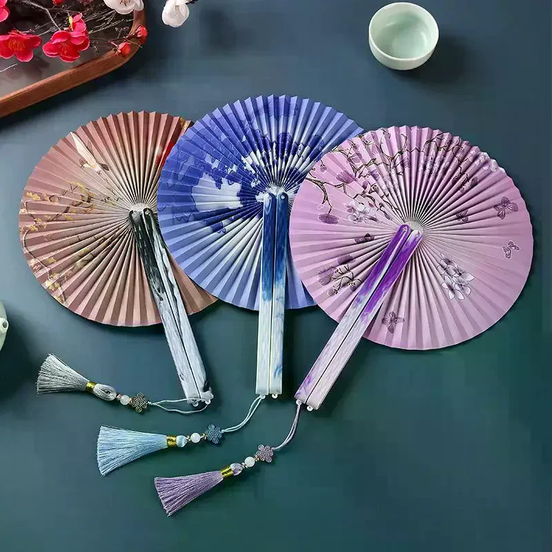 New Foldable Purple Round Hand Fan Floral Butterfly Print Tassel For Summer Cosplay Outdoor Use