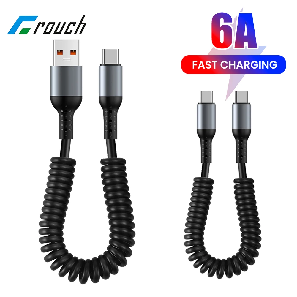 

6A Короткий USB-кабель типа C к типа C для сверхбыстрой зарядки данных Автомобильный пружинный кабель для Samsung Xiaomi Huawei Power Bank Кабель