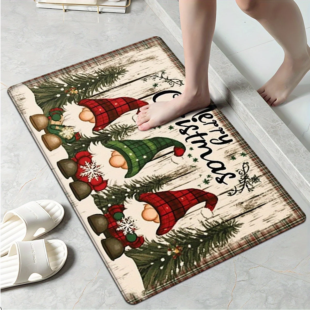 Area Rug Runner Set Christmas Elf Tree Snowflake Light Beige Wood Background Cartoon Kitchen Floor Laundry Mat
