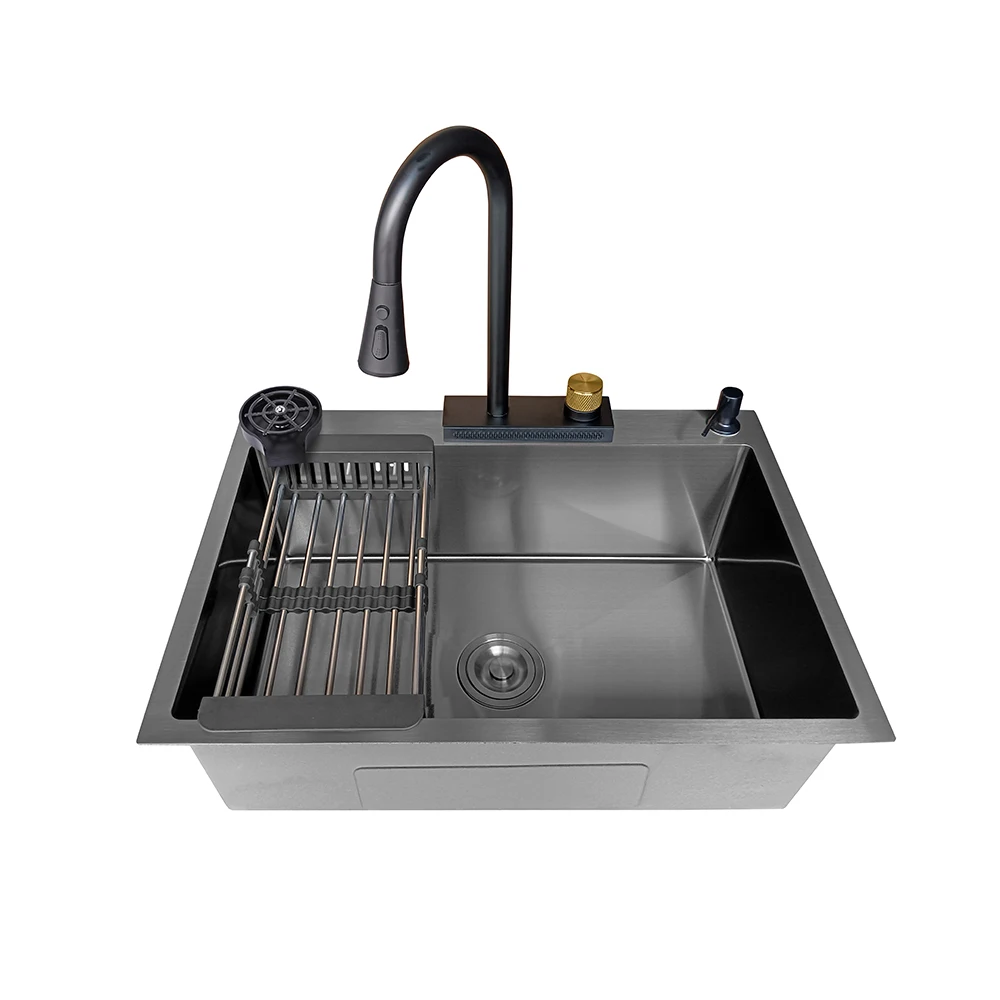 YYHC-Top mount single bowl handmade kitchen sink stainless steel with dispenser extendable basket drainer with pipes