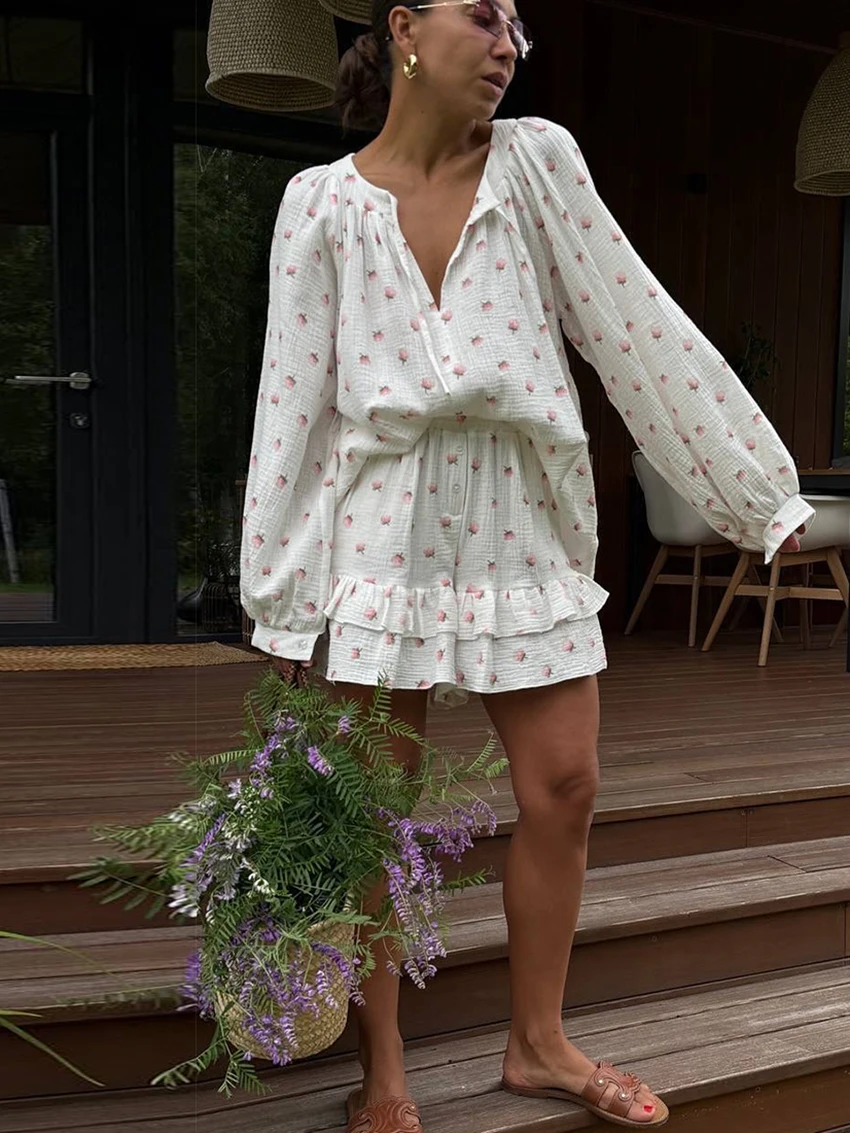 

Marthaqiqi Cotton Female Nightgown Suit O-Neck Pajamas Lace Up Sleepwear Long Sleeve Nightwear Shorts Printing Women Nightie Set