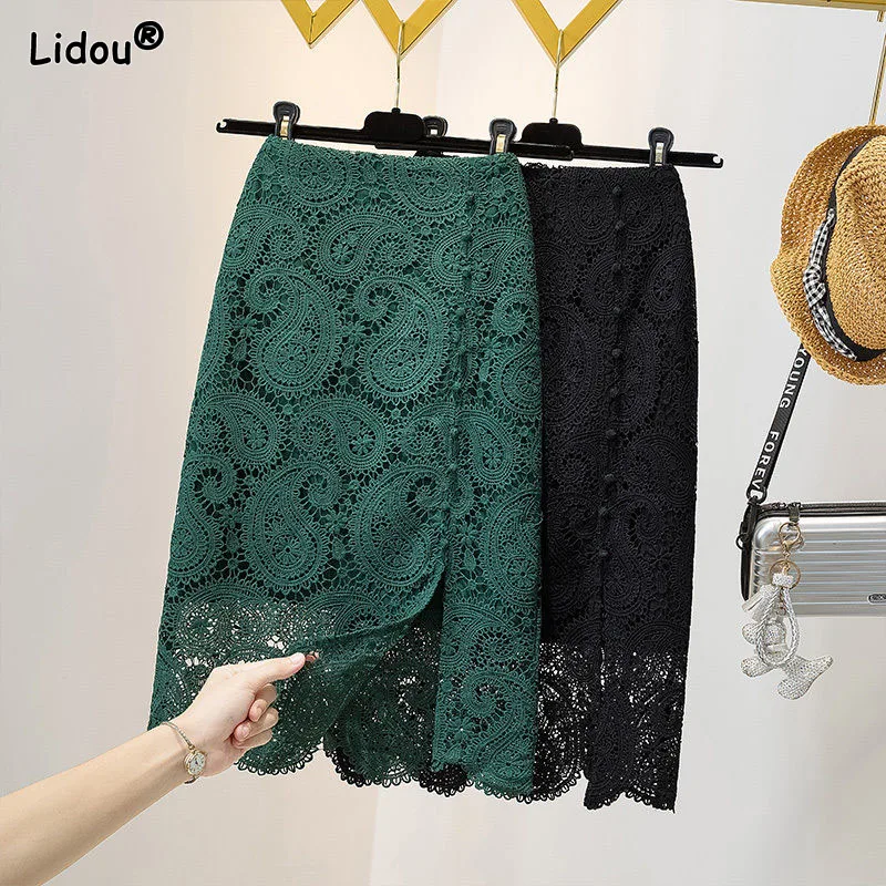 Office Lady Hollow Out Lace Broadcloth Women's Clothing Spring Summer Solid Slim Mid-calf Intellectual A-line Skirt Dignified