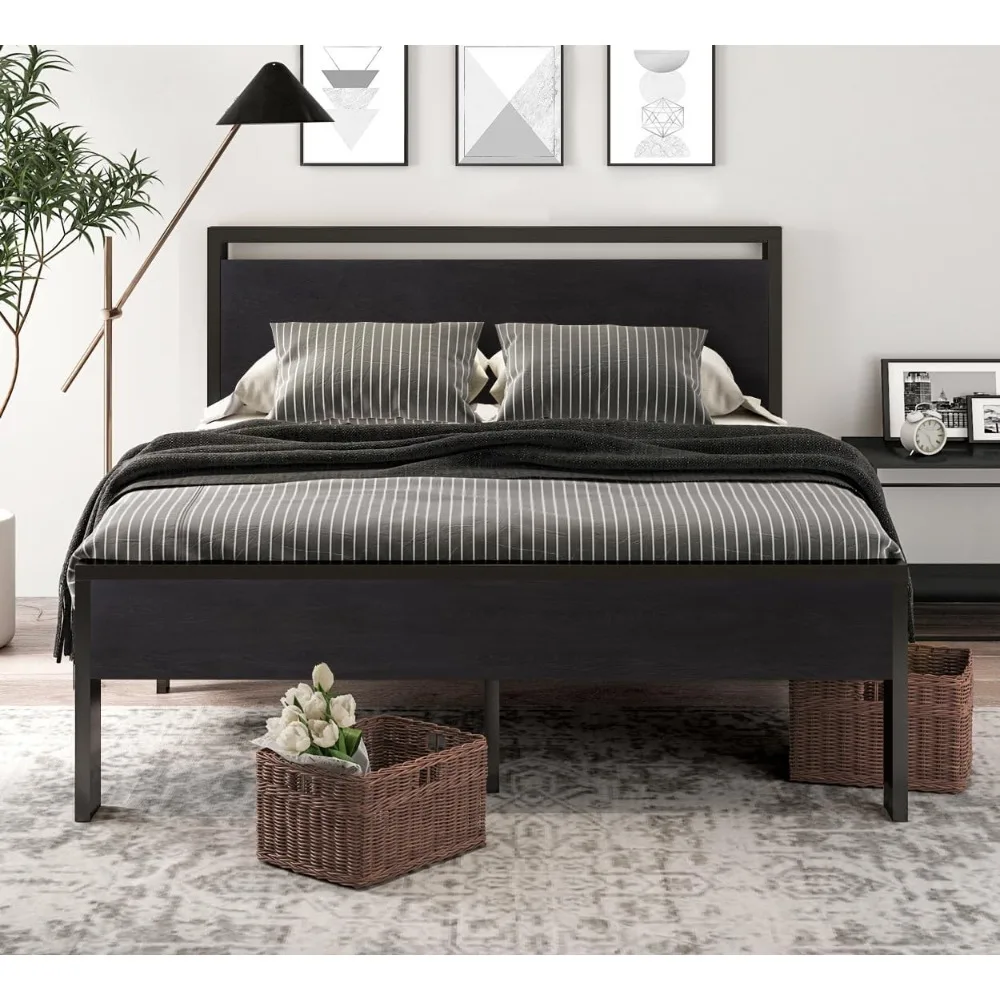 Estrutura de cama com plataforma de metal queen size de 14 polegadas com cabeceira e estribo de madeira, base de colchão