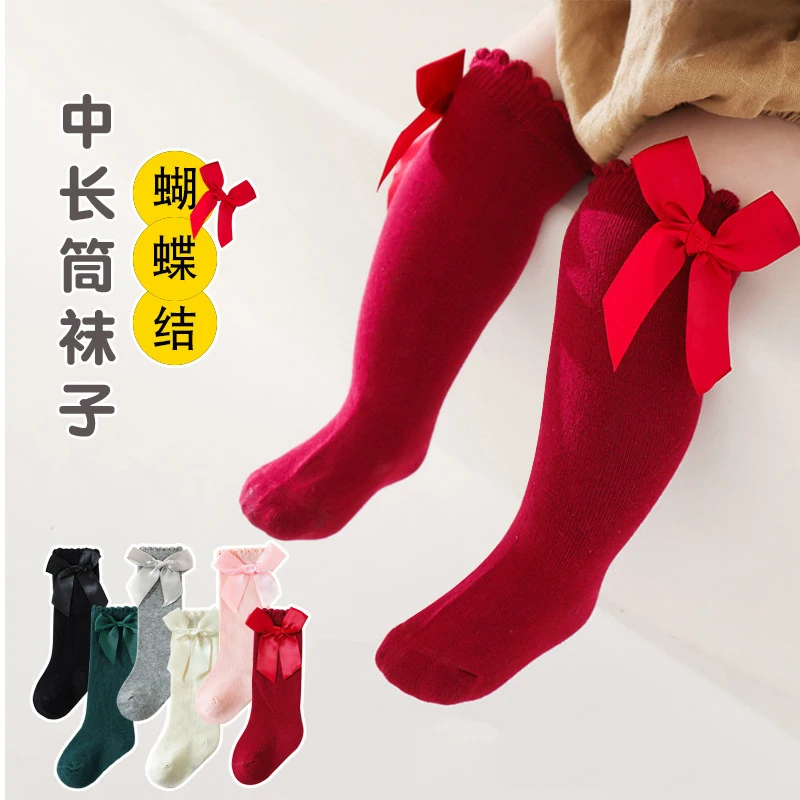 Calcetines con lazo para bebé y niña recién nacida, medias de princesa para estudiante, medias de algodón rojo, ropa para niño pequeño, primavera y