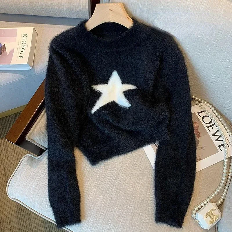 Cropped Stars Pullovers Women Casual Long Sleeve Tender Harajuku Students Sweaters Korean Fashion Pull Femme Ropa Mujer Retro