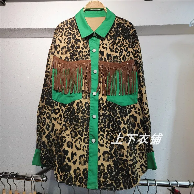 

SuperAen 2024 Spring New Fashion Short Coat Leopard Pattern Shirt Tassel Color Block Design Casual Denim Shirt