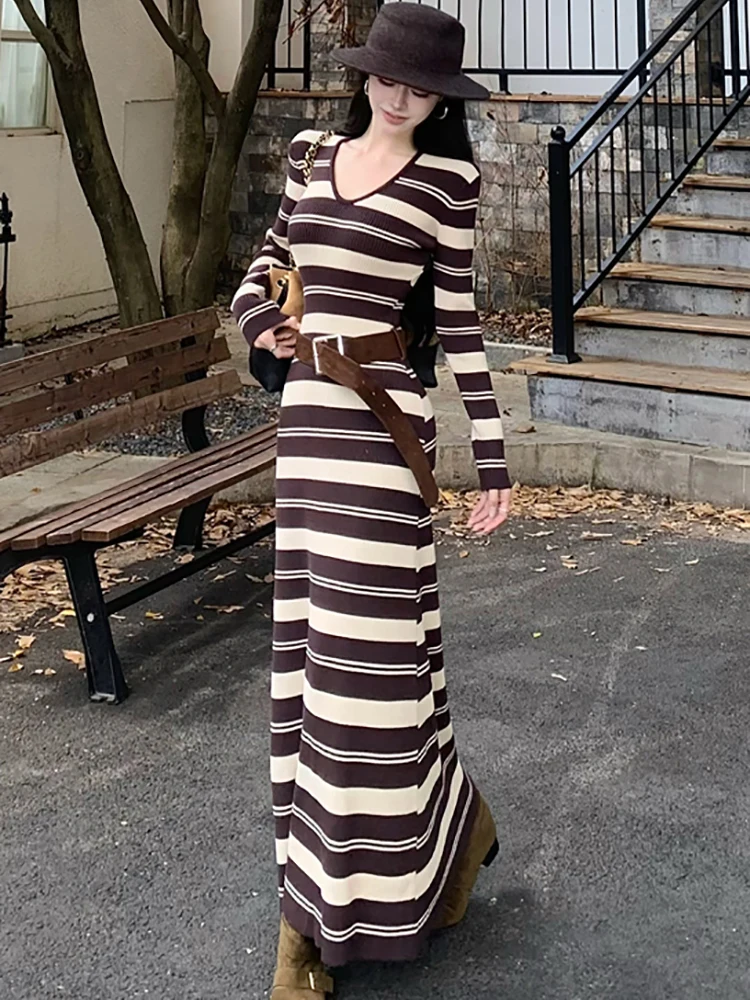 2025 جديد مخطط محبوك شيك ضمادة فستان ماكسي المرأة الكورية خمر Bodycon فستان فاخر الخريف الشتاء فساتين سترة أنيقة #4