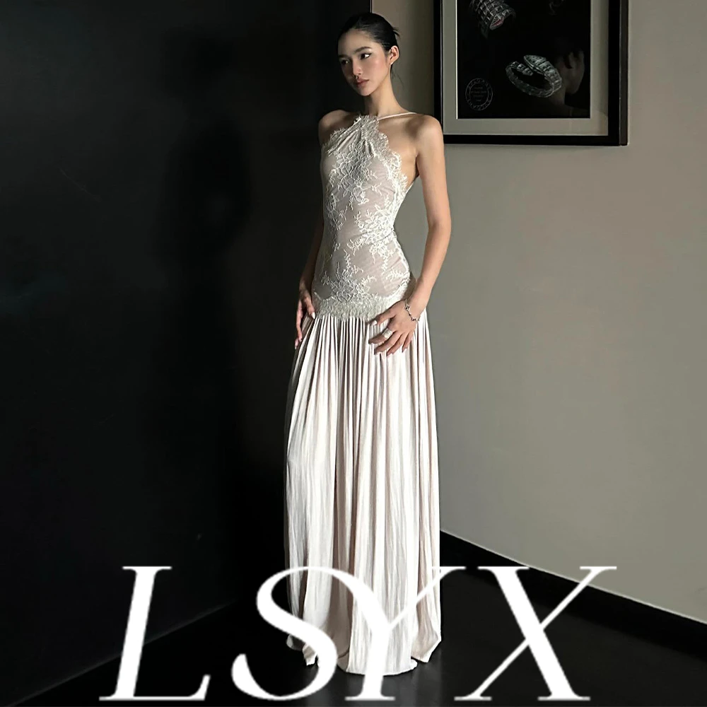 

LSYX Кружевное вечернее платье с бретелькой на шее, свадебное платье с открытой спиной, плиссированной юбкой, элегантным дизайном, вневременной силуэт